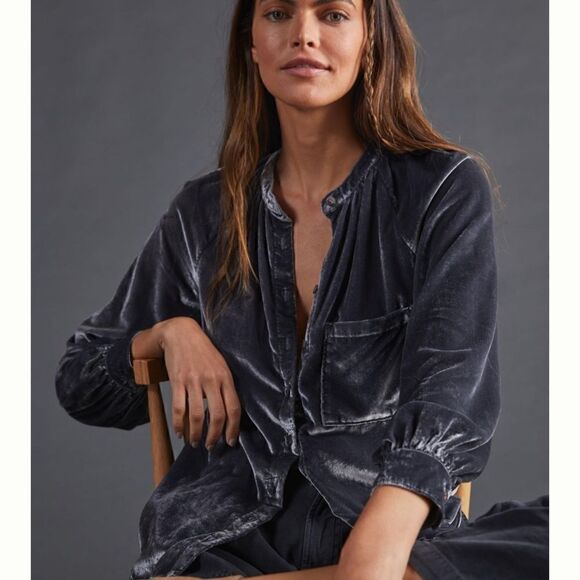 Pilcro puff sleeve velvet button down top - Picture 3 of 11